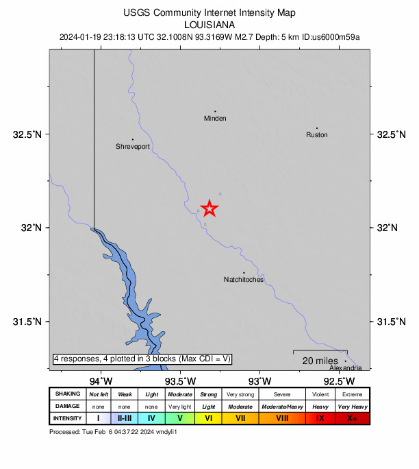 USGS DYFI community-reported intensity map for the M2.7 earthquake near 5 km NNE of Edgefield, Louisiana