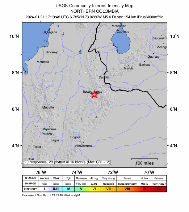 USGS DYFI community-reported intensity map for the M5.0 earthquake near 6 km WNW of Cepitá, Colombia