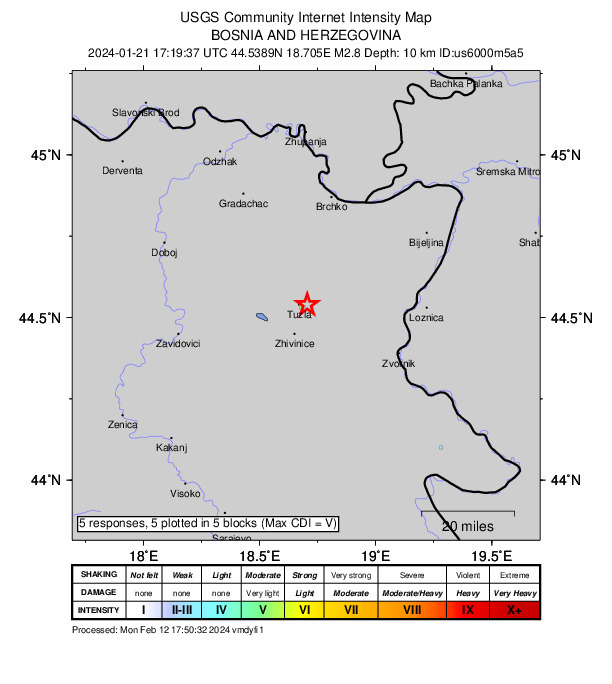 USGS DYFI community-reported intensity map for the M2.8 earthquake near 2 km SSE of Solina, Bosnia and Herzegovina