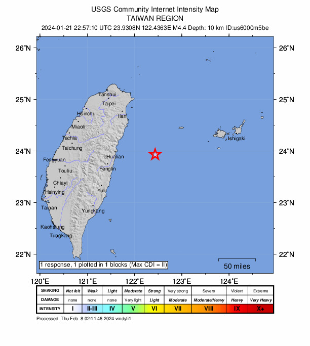 USGS DYFI community-reported intensity map for the M4.4 earthquake near 82 km SW of Yonakuni, Japan