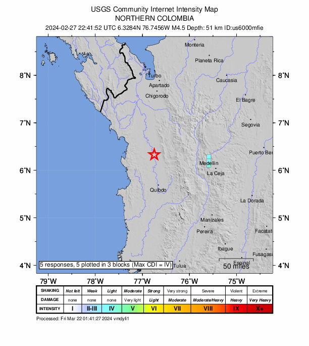 USGS DYFI community-reported intensity map for the M4.5 earthquake near 29 km SSE of Bellavista, Colombia