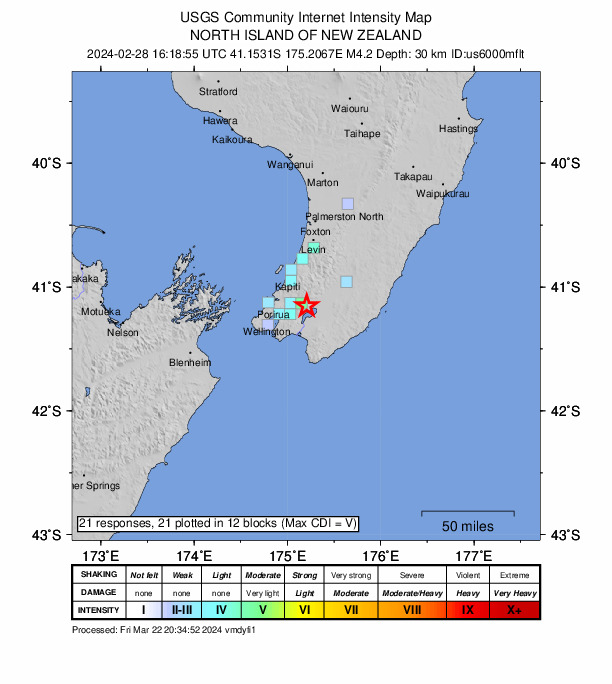 USGS DYFI community-reported intensity map for the M4.2 earthquake near 10 km ESE of Maoribank, New Zealand