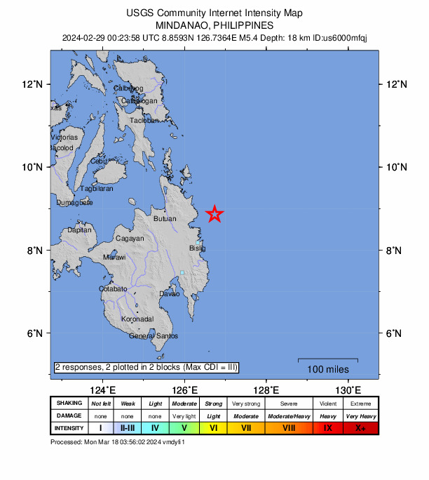 USGS DYFI community-reported intensity map for the M5.4 earthquake near 46 km E of Aras-asan, Philippines