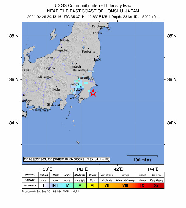 USGS DYFI community-reported intensity map for the M5.1 earthquake near 22 km E of Ichinomiya, Japan