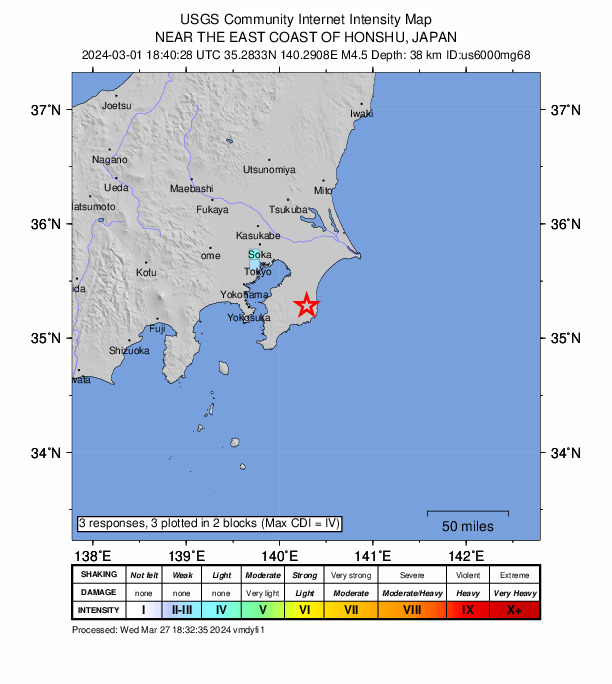 USGS DYFI community-reported intensity map for the M4.5 earthquake near 4 km E of Ōtaki, Japan