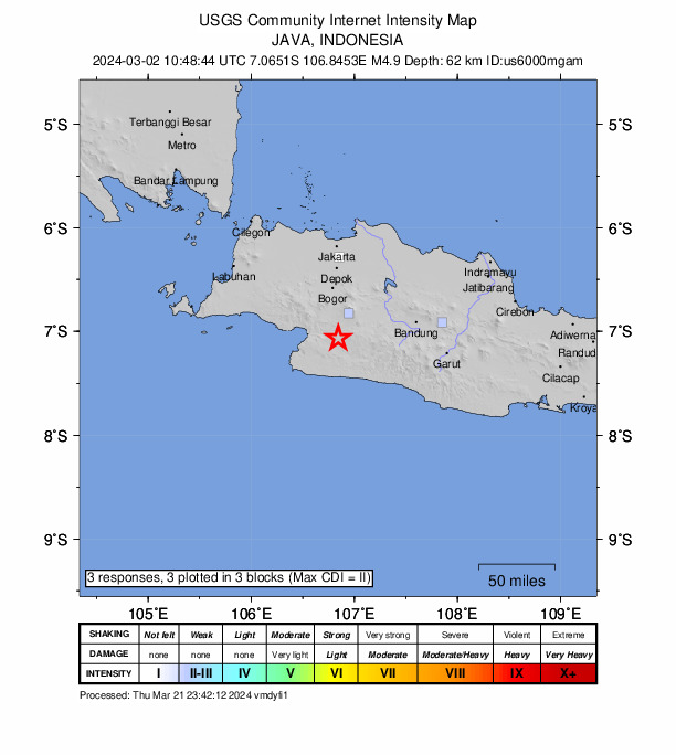 USGS DYFI community-reported intensity map for the M4.9 earthquake near 18 km SSW of Sukabumi, Indonesia