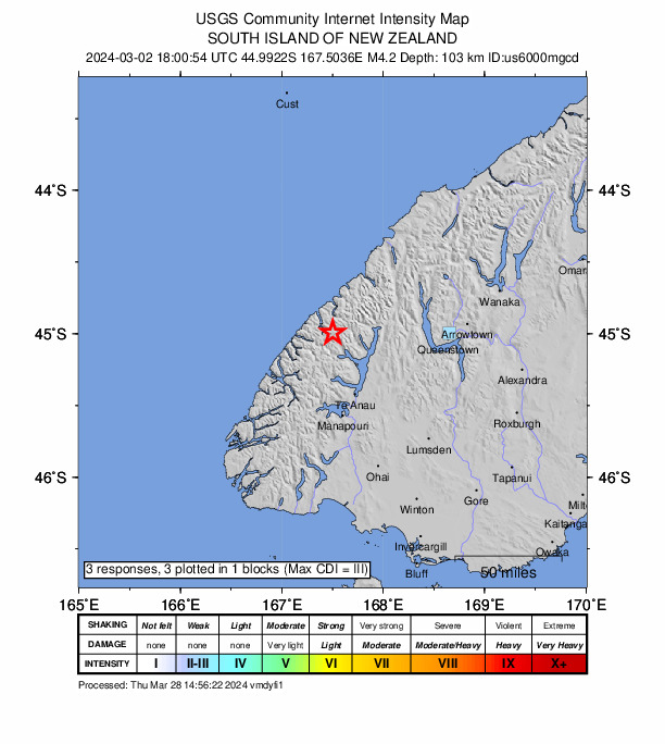 USGS DYFI community-reported intensity map for the M4.2 earthquake near 50 km NNW of Te Anau, New Zealand