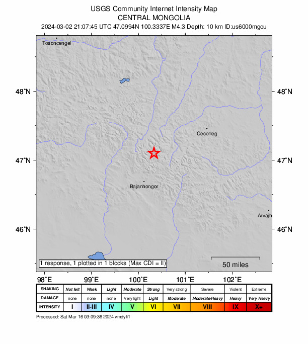 USGS DYFI community-reported intensity map for the M4.3 earthquake near 94 km WSW of Tsetserleg, Mongolia