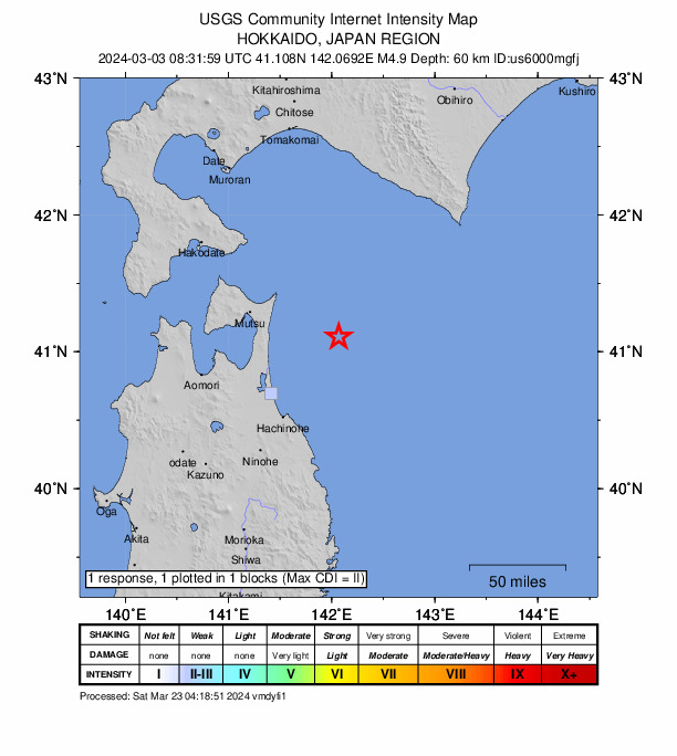 USGS DYFI community-reported intensity map for the M4.9 earthquake near 70 km E of Yokohama, Japan