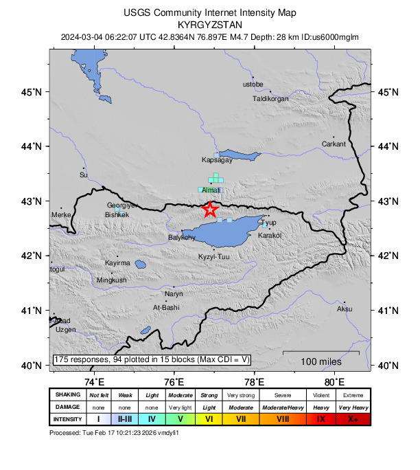 USGS DYFI community-reported intensity map for the M4.7 earthquake near 25 km NW of Cholpon-Ata, Kyrgyzstan