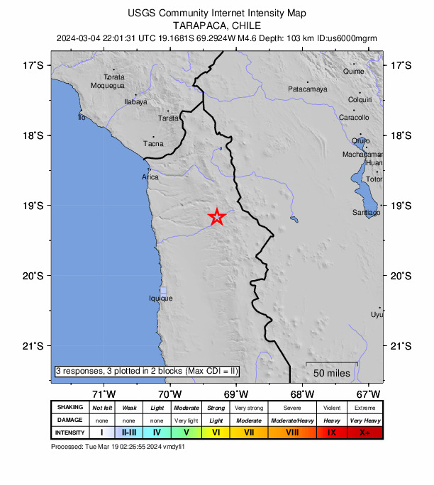 USGS DYFI community-reported intensity map for the M4.6 earthquake near 13 km NNE of Camiña, Chile