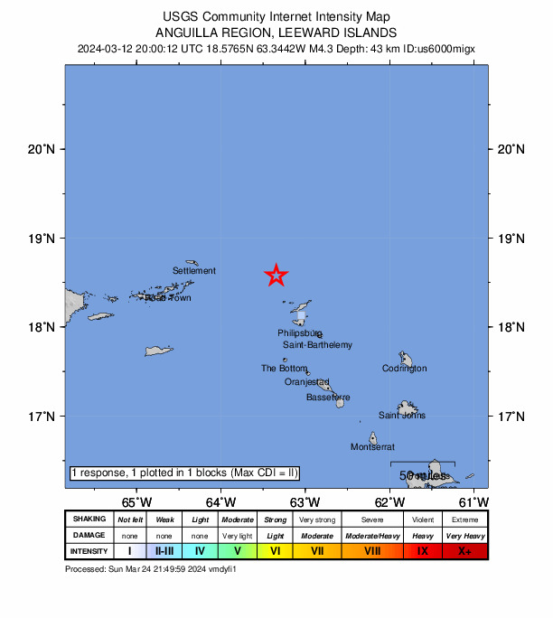 USGS DYFI community-reported intensity map for the M4.3 earthquake near 49 km NNW of Sandy Ground Village, Anguilla