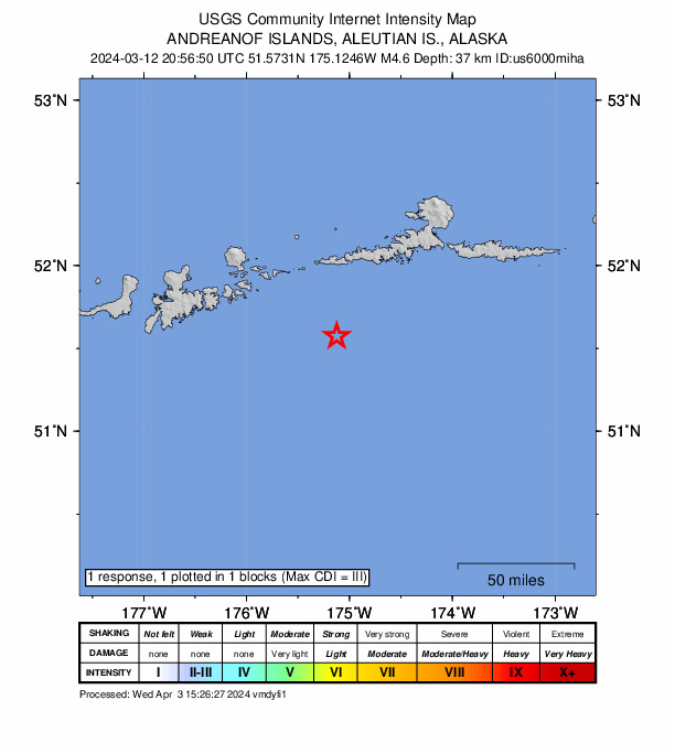 USGS DYFI community-reported intensity map for the M4.6 earthquake near 94 km SW of Atka, Alaska
