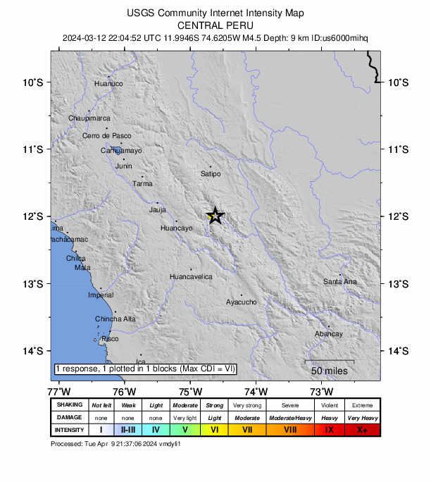 USGS DYFI community-reported intensity map for the M4.5 earthquake near 30 km NE of Salcabamba, Peru