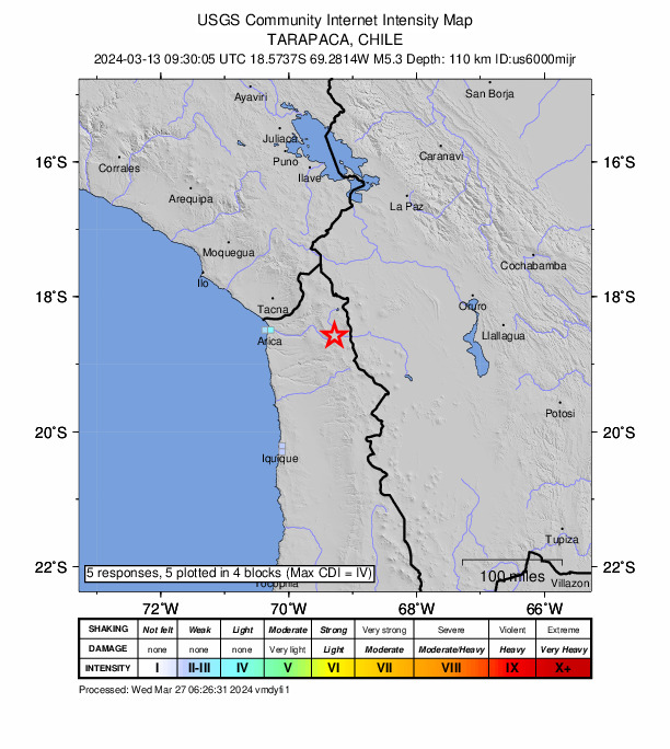 USGS DYFI community-reported intensity map for the M5.3 earthquake near 84 km N of Camiña, Chile