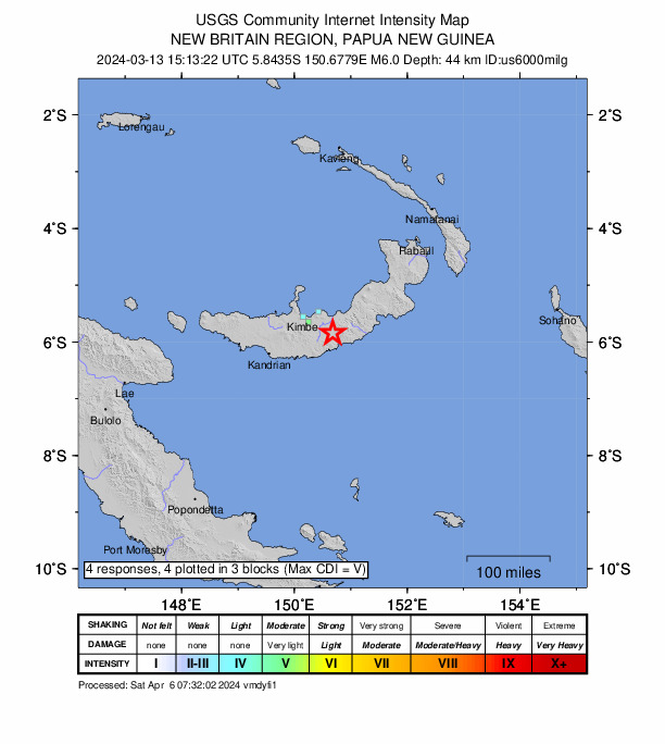 USGS DYFI community-reported intensity map for the M6.0 earthquake near 68 km ESE of Kimbe, Papua New Guinea
