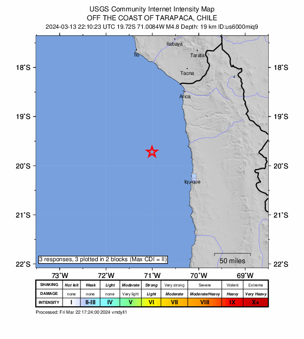 USGS DYFI community-reported intensity map for the M4.8 earthquake near 104 km WNW of Puerto, Chile