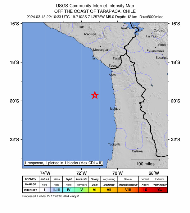 USGS DYFI community-reported intensity map for the M5.0 earthquake near 128 km WNW of Puerto, Chile