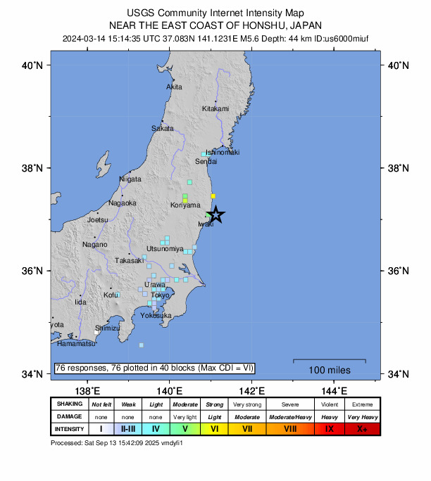 USGS DYFI community-reported intensity map for the M5.6 earthquake near 21 km E of Iwaki, Japan