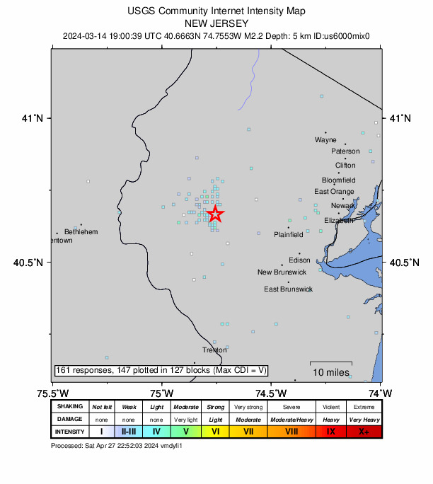 USGS DYFI community-reported intensity map for the M2.2 earthquake near 5 km NNE of Whitehouse Station, New Jersey