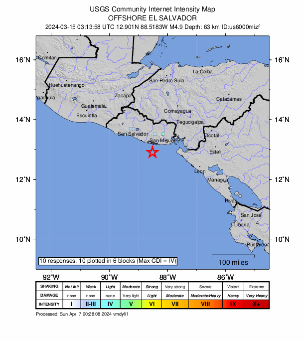 USGS DYFI community-reported intensity map for the M4.9 earthquake near 42 km S of Puerto El Triunfo, El Salvador