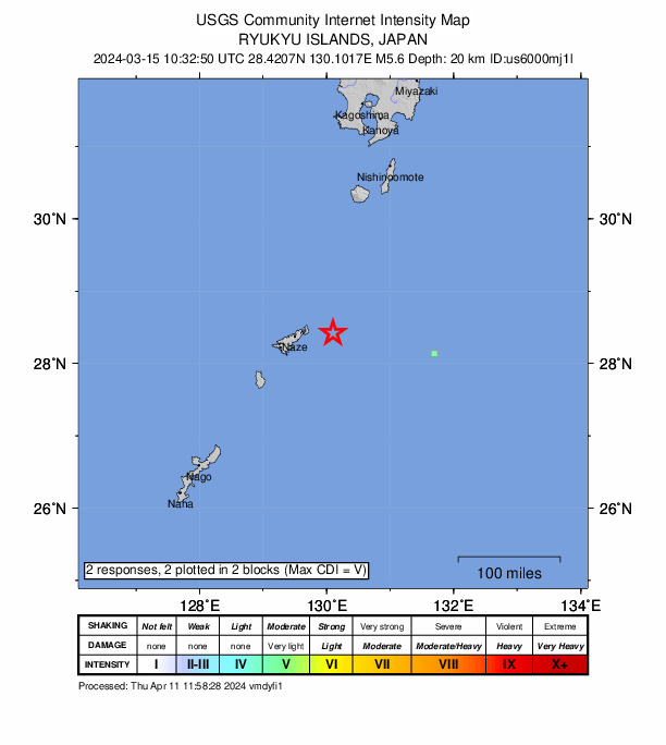 USGS DYFI community-reported intensity map for the M5.6 earthquake near 49 km E of Tatsugō, Japan