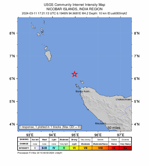 USGS DYFI community-reported intensity map for the M4.2 earthquake near 51 km NW of Sabang, Indonesia