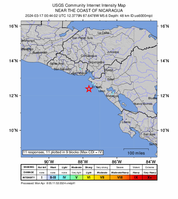 USGS DYFI community-reported intensity map for the M5.6 earthquake near 45 km SSW of Jiquilillo, Nicaragua