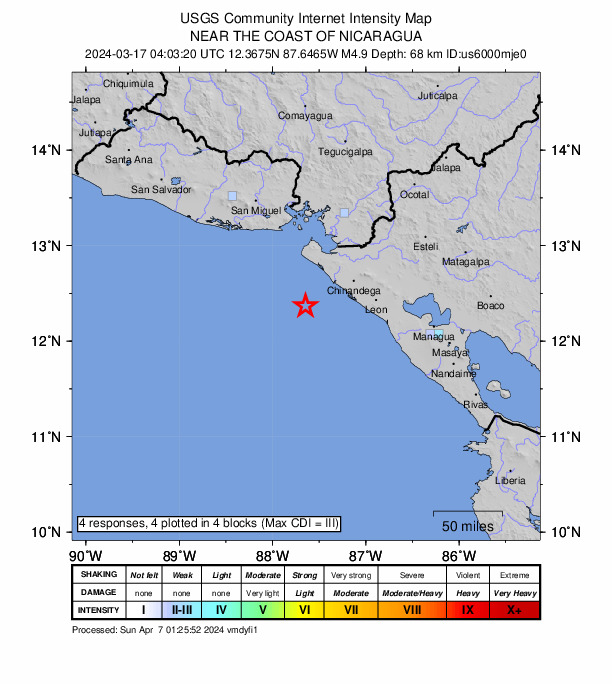 USGS DYFI community-reported intensity map for the M4.9 earthquake near 50 km SSW of Jiquilillo, Nicaragua