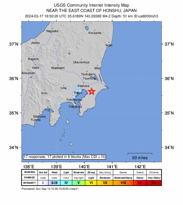USGS DYFI community-reported intensity map for the M4.2 earthquake near 5 km SW of Yachimata, Japan