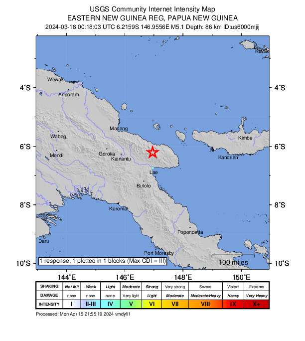 USGS DYFI community-reported intensity map for the M5.1 earthquake near 56 km N of Lae, Papua New Guinea
