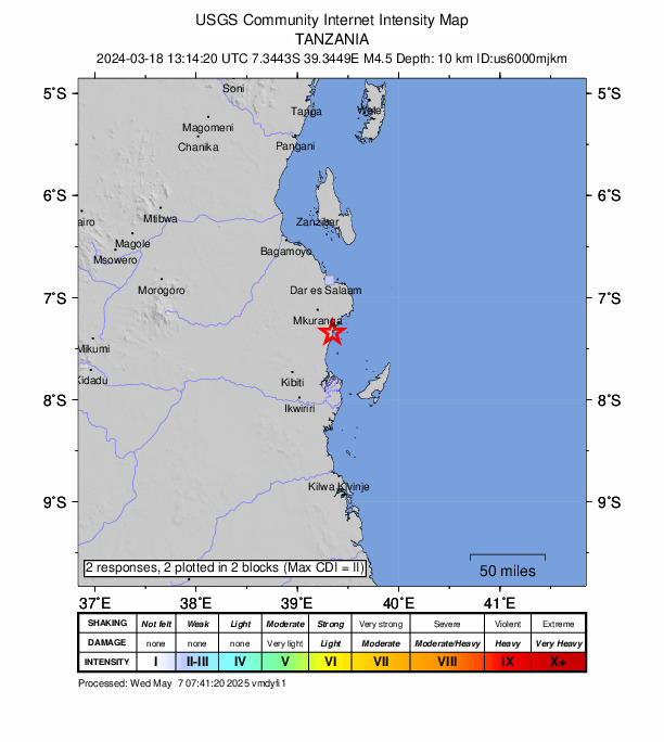 USGS DYFI community-reported intensity map for the M4.5 earthquake near 29 km SSE of Mkuranga, Tanzania