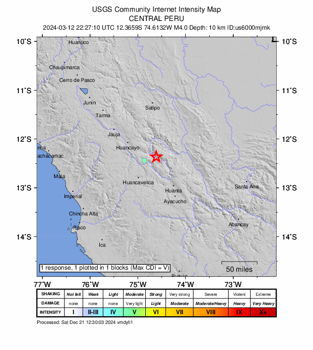 USGS DYFI community-reported intensity map for the M4.0 earthquake near 22 km NNW of Paucarbamba, Peru