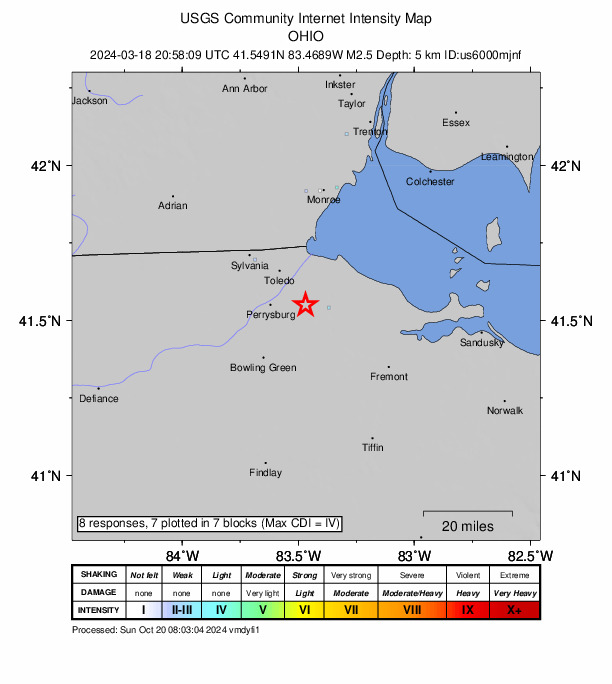 USGS DYFI community-reported intensity map for the M2.5 earthquake near 4 km WSW of Millbury, Ohio