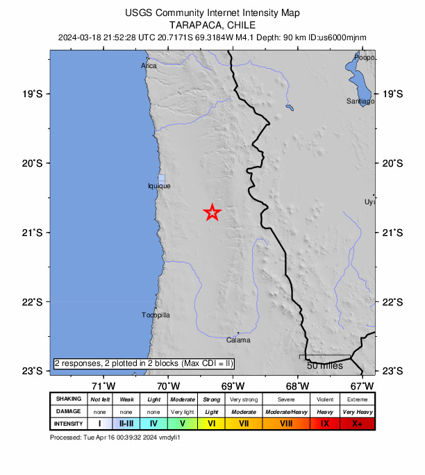 USGS DYFI community-reported intensity map for the M4.1 earthquake near 55 km SE of La Tirana, Chile