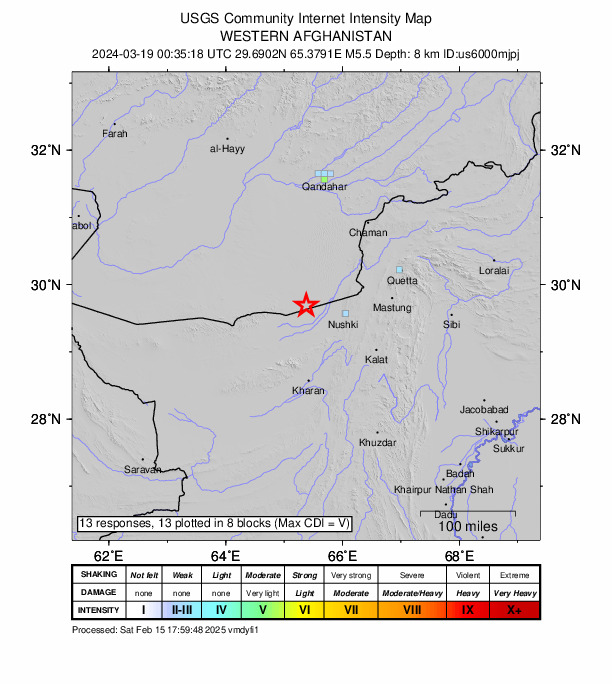 USGS DYFI community-reported intensity map for the M5.5 earthquake near 64 km WNW of Nushki, Pakistan