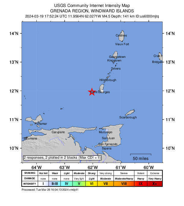 USGS DYFI community-reported intensity map for the M4.5 earthquake near 31 km WSW of Saint George's, Grenada