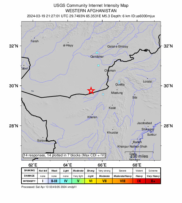 USGS DYFI community-reported intensity map for the M5.3 earthquake near 68 km WNW of Nushki, Pakistan