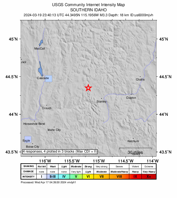 USGS DYFI community-reported intensity map for the M3.3 earthquake near 26 km NW of Stanley, Idaho