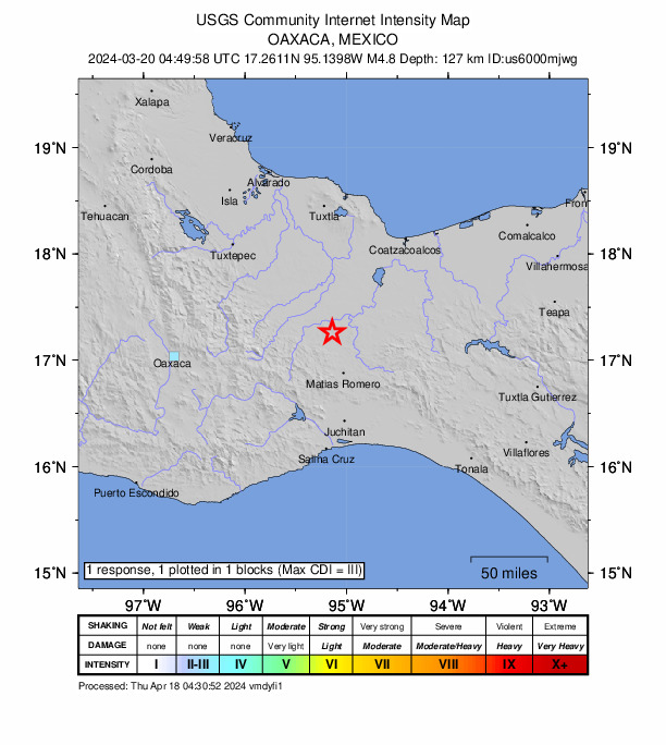 USGS DYFI community-reported intensity map for the M4.8 earthquake near 9 km WNW of Donaji, Mexico