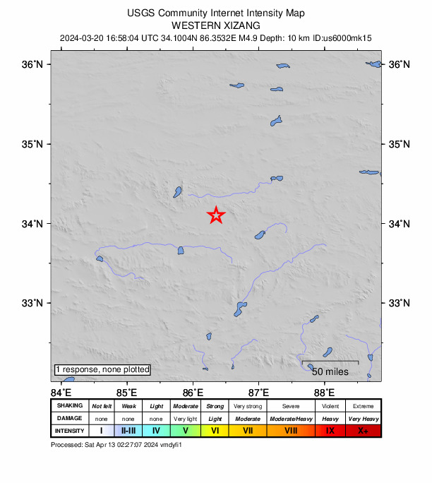 USGS DYFI community-reported intensity map for the M4.9 earthquake near western Xizang
