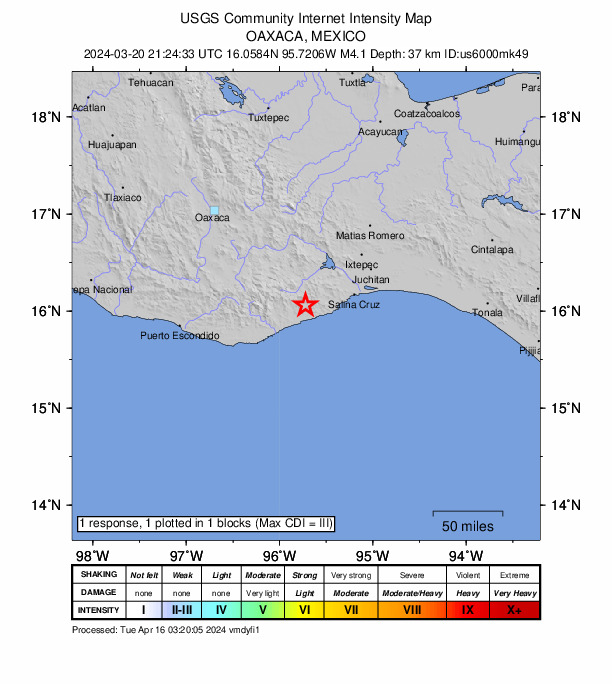 USGS DYFI community-reported intensity map for the M4.1 earthquake near 5 km WNW of San Pedro Huamelula, Mexico