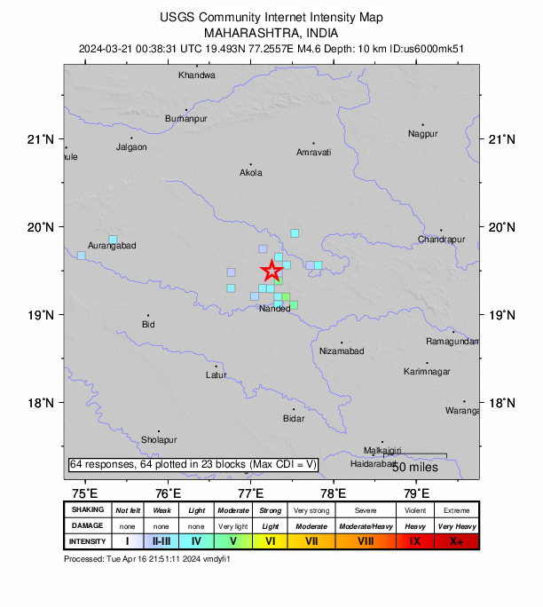 USGS DYFI community-reported intensity map for the M4.6 earthquake near 20 km NNE of Basmat, India