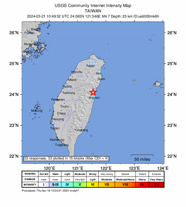 USGS DYFI community-reported intensity map for the M4.7 earthquake near 10 km NW of Hualien City, Taiwan