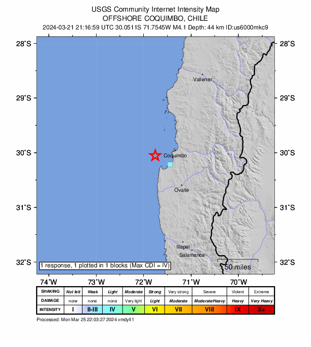 USGS DYFI community-reported intensity map for the M4.2 earthquake near 43 km W of Coquimbo, Chile
