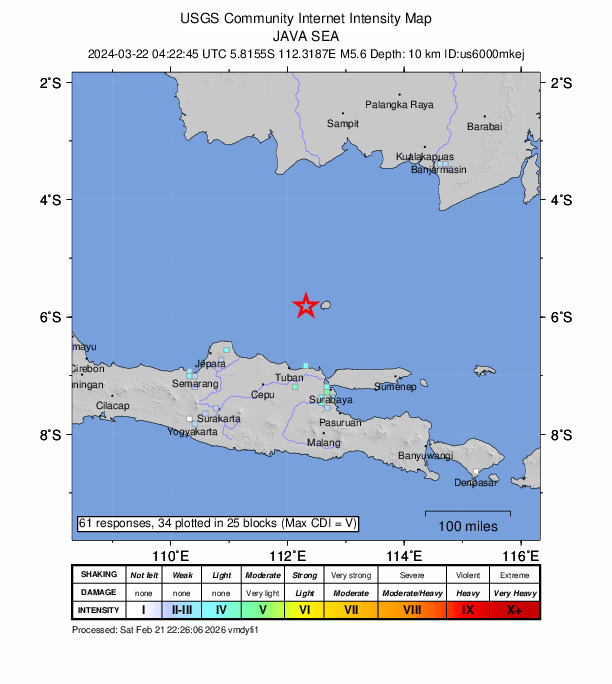 USGS DYFI community-reported intensity map for the M5.6 earthquake near 117 km N of Paciran, Indonesia