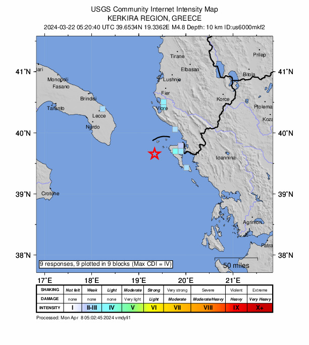 USGS DYFI community-reported intensity map for the M4.8 earthquake near 32 km WSW of Agios Georgis, Greece
