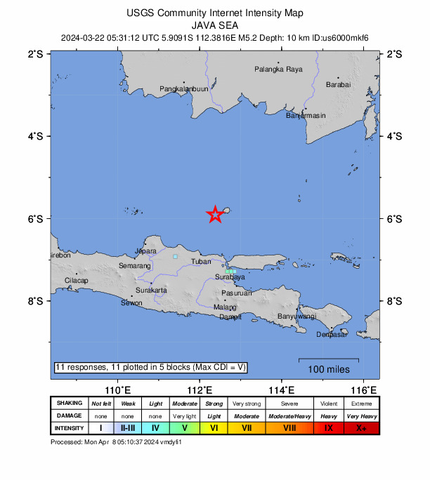 USGS DYFI community-reported intensity map for the M5.2 earthquake near 107 km N of Paciran, Indonesia
