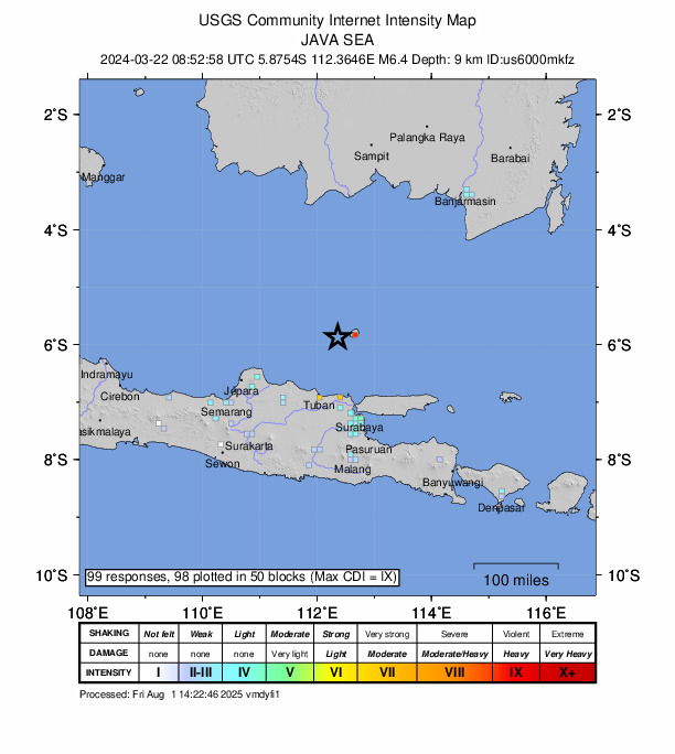 USGS DYFI community-reported intensity map for the M6.4 earthquake near 110 km N of Paciran, Indonesia