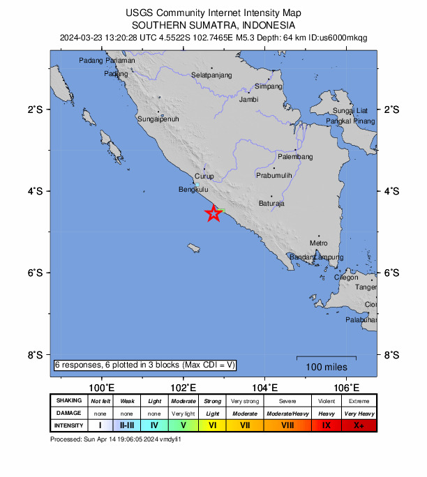 USGS DYFI community-reported intensity map for the M5.3 earthquake near 82 km SW of Pagar Alam, Indonesia